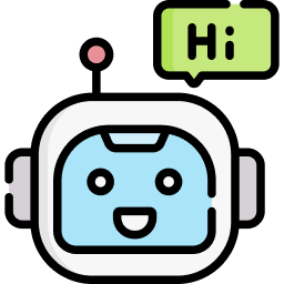 a robot head saying hi in a text bubble