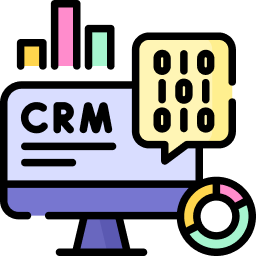 a desktop with small charts around and the text CRM on its screen