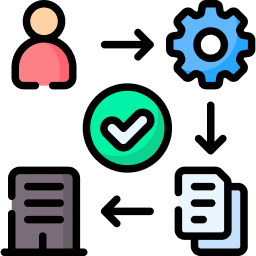 a user icon, a gear icon, an papers icon arranged in s square, with arrow pointing from one to another in loop and a green checkbox in the middle